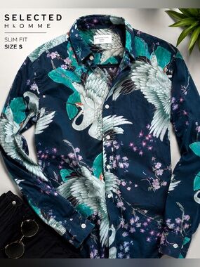 Selected Homme Slim Fit Crane Print Button Down Shirt | Japanese Art Floral Bird